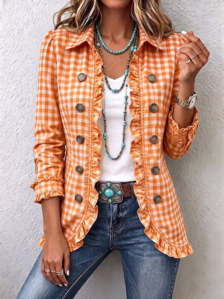Charlene | Gingham Ruffled Button Down Jacket